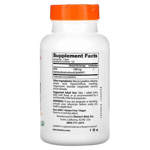 Image of MSM 1500mg 120tabs supplement facts